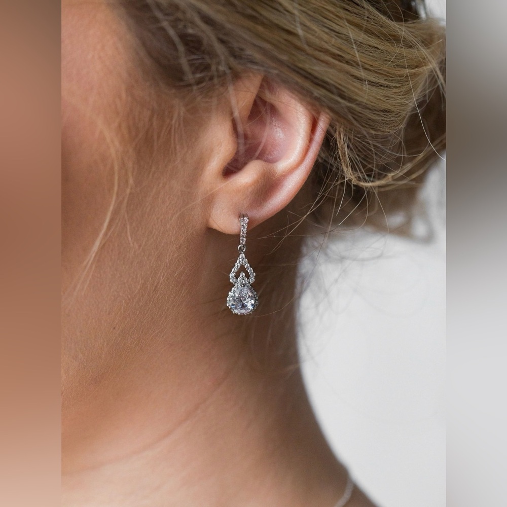 Silver Teardrop Earrings with Clear Gemstones